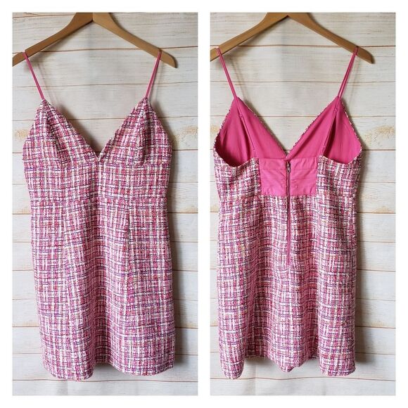 House of Harlow 1960 Tweed Mini Dress Strappy Candy Pink White Women's Large - Picture 5 of 12